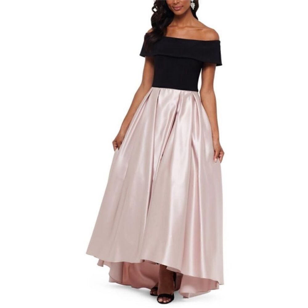 Betsy & Adam NWT Womens Beige Off-the-Shoulder Satin Ballgown Evening Dress - Picture 2 of 5